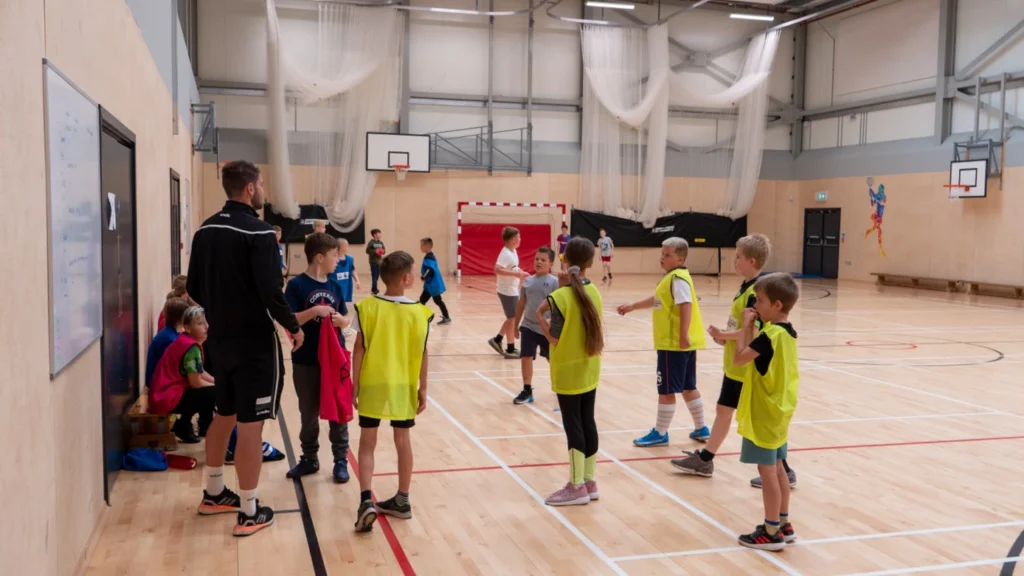 Children playing basketball indoors